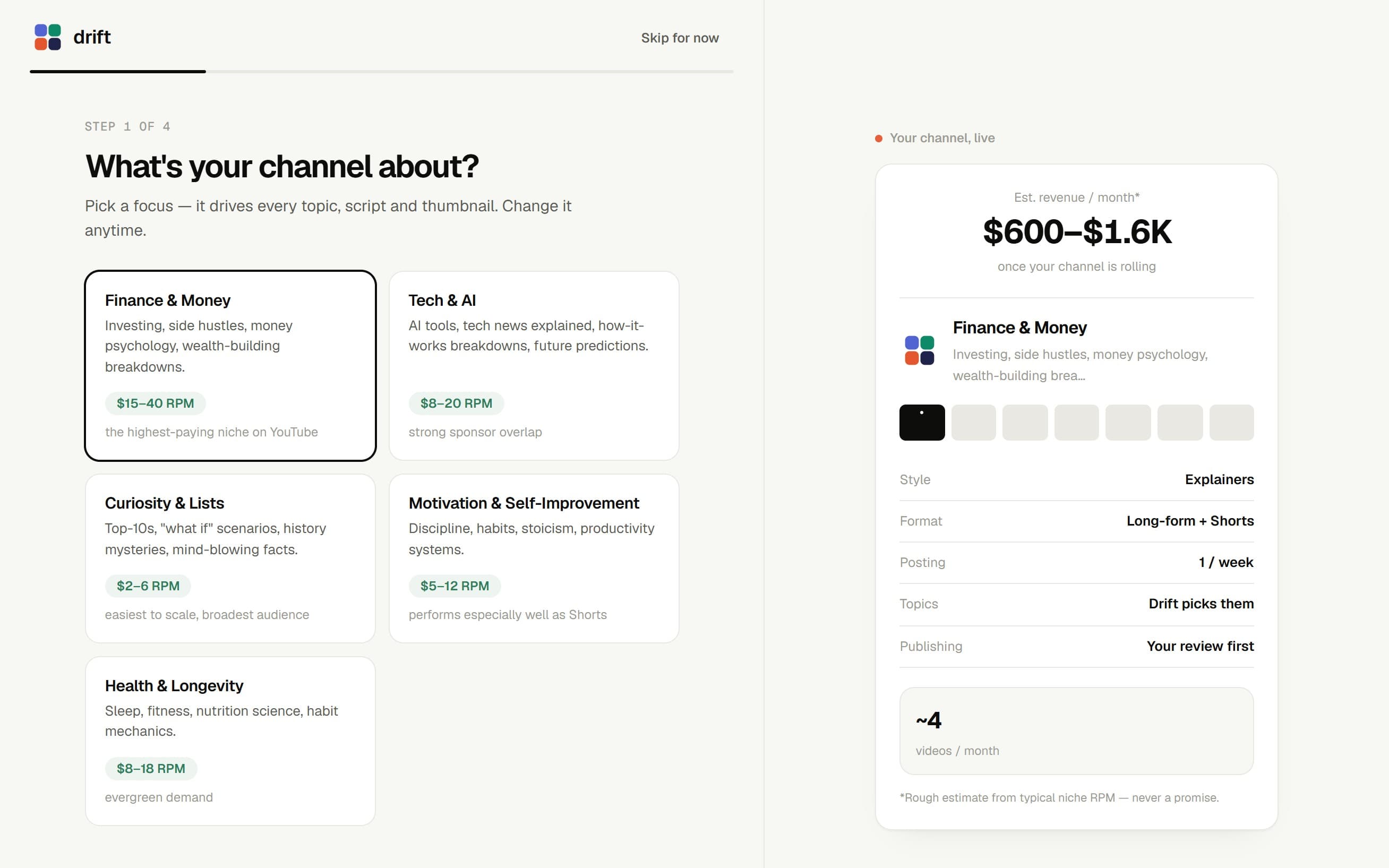 Onboarding: pick a focus and see an estimate