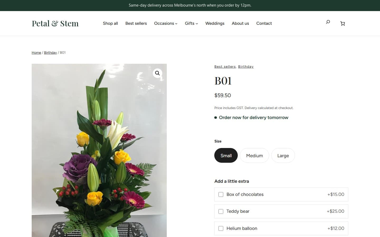 Product page: size, extras and delivery timing in one place