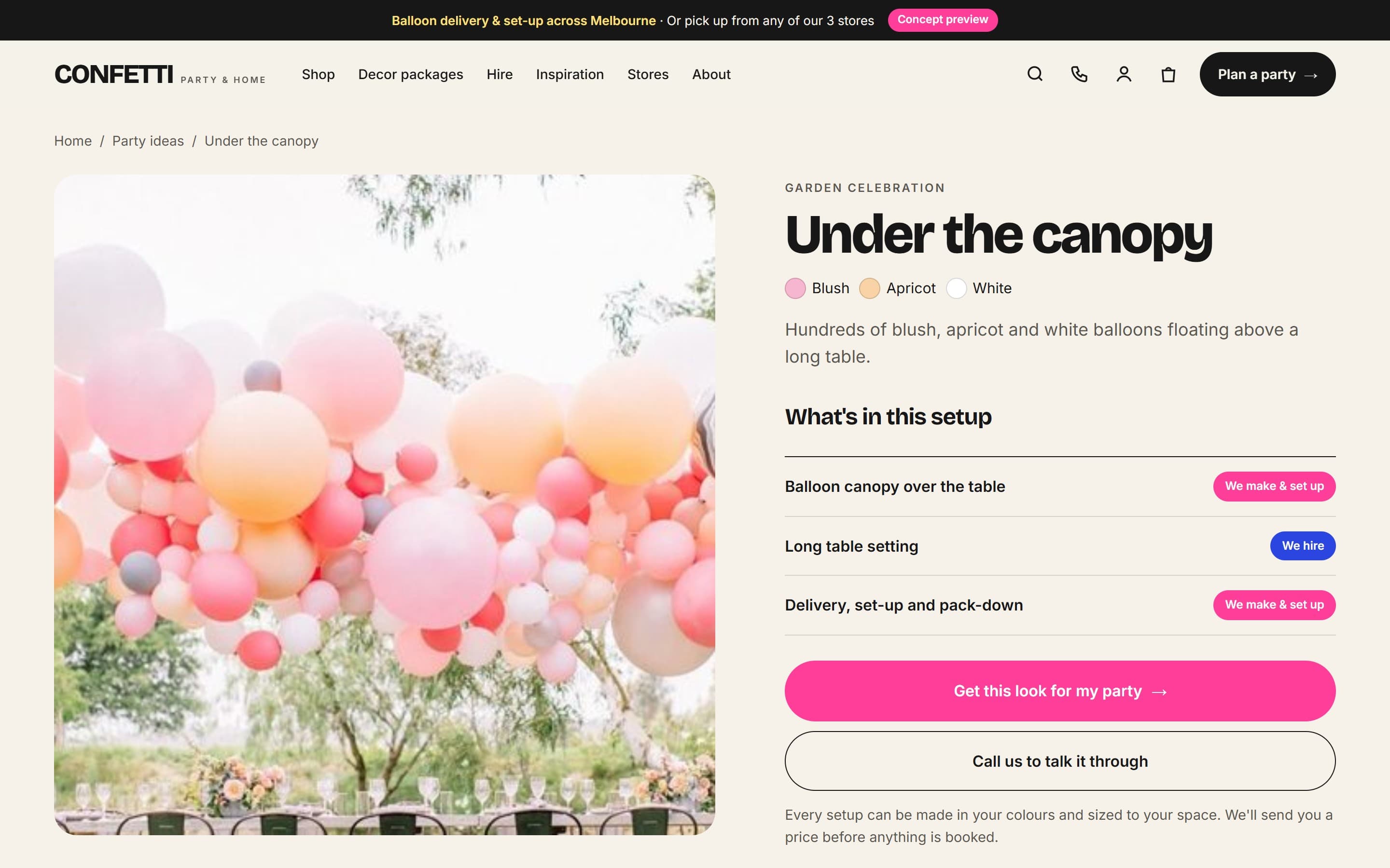 Party idea page: what’s in the setup, and Get this look