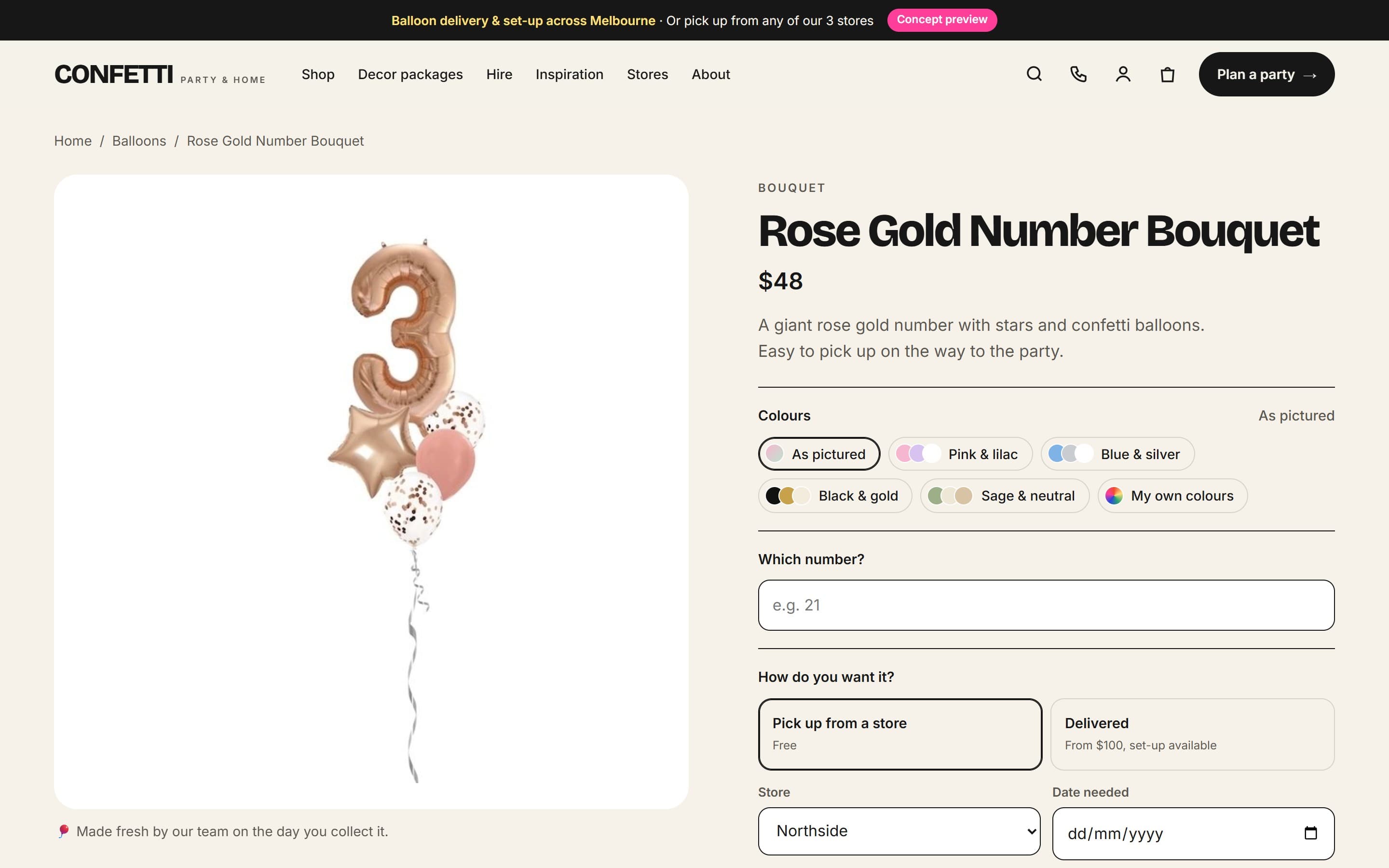 Product page: colours, number, pickup or delivery